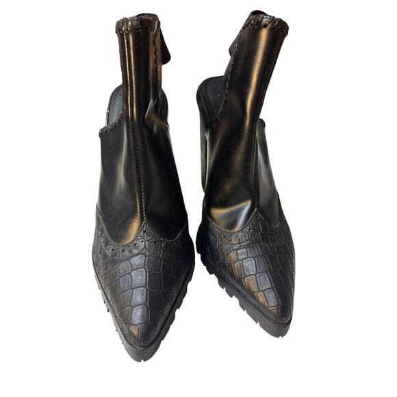 Asos 6 Black Faux Leather Croc Embossed Block Heeled Ankle Boots With Elastic St - Picture 2 of 8